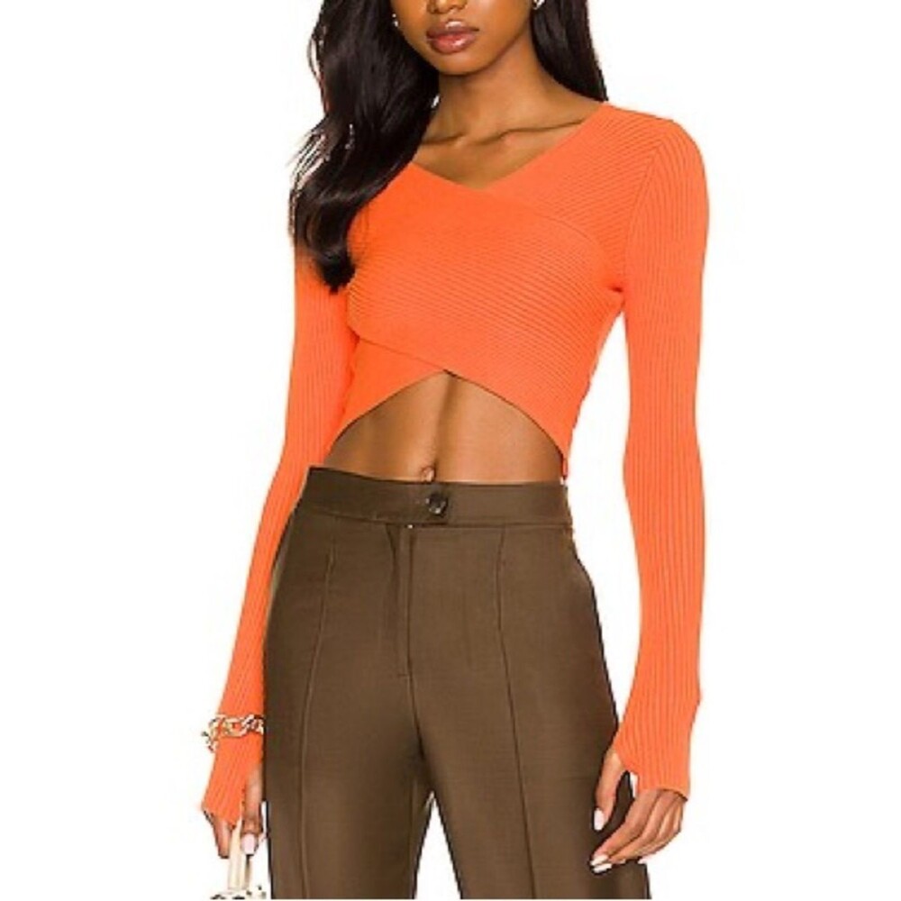 NBD Ribbed Cropped Wrap V-Neck Long Sleeve Orange Top XS